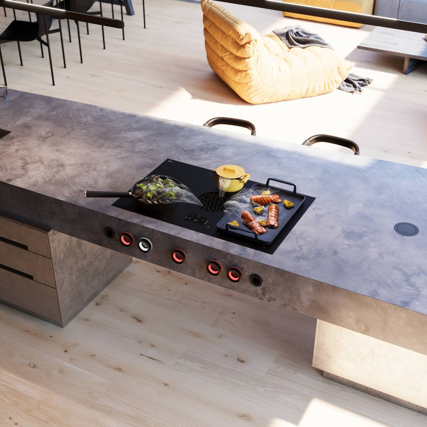 Bora X Pure Max mit beleuchteten Aluminiumknebeln in der Schrankfront