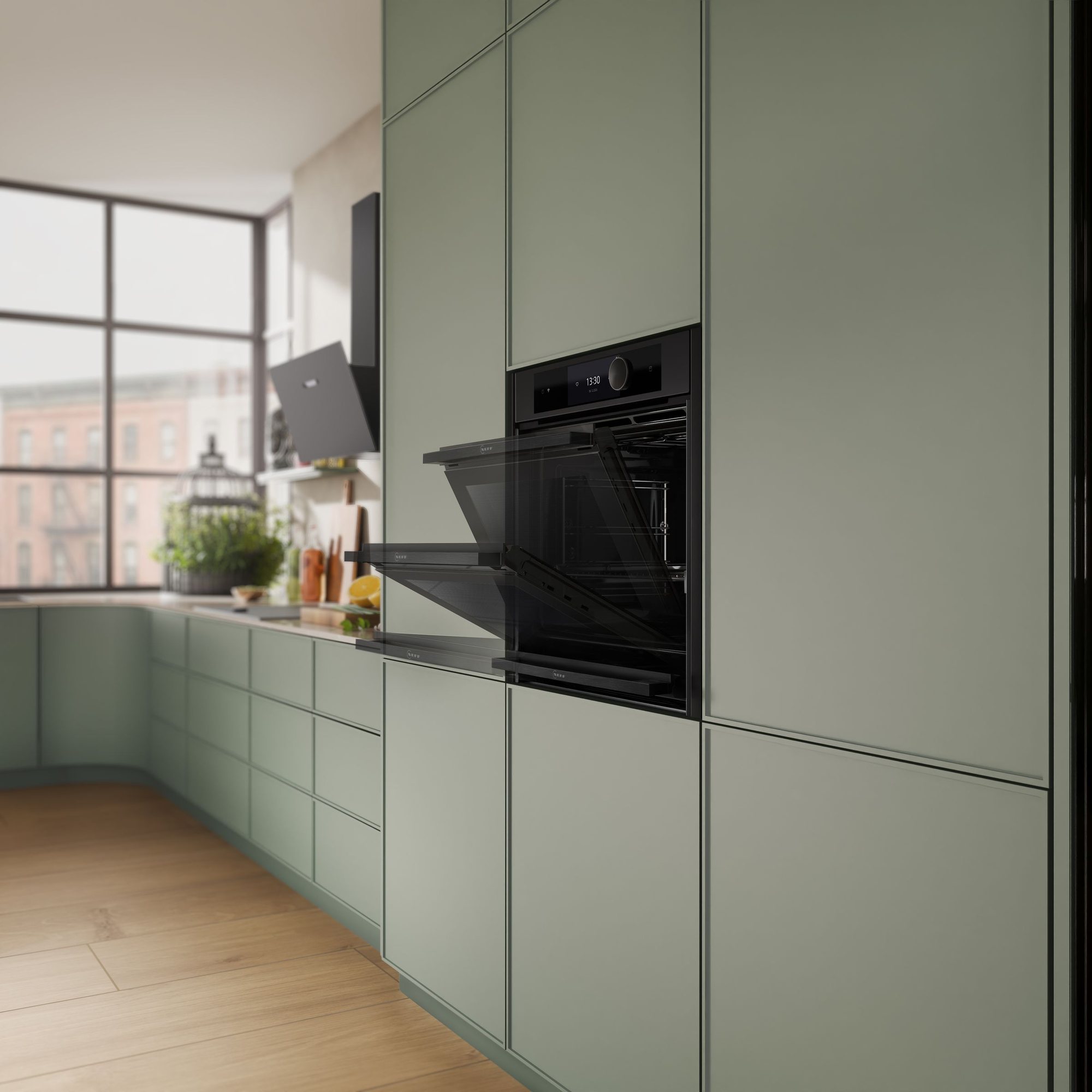 Neff Backofen in Schwarz matt mit geöffneter Slide and Hide Tür