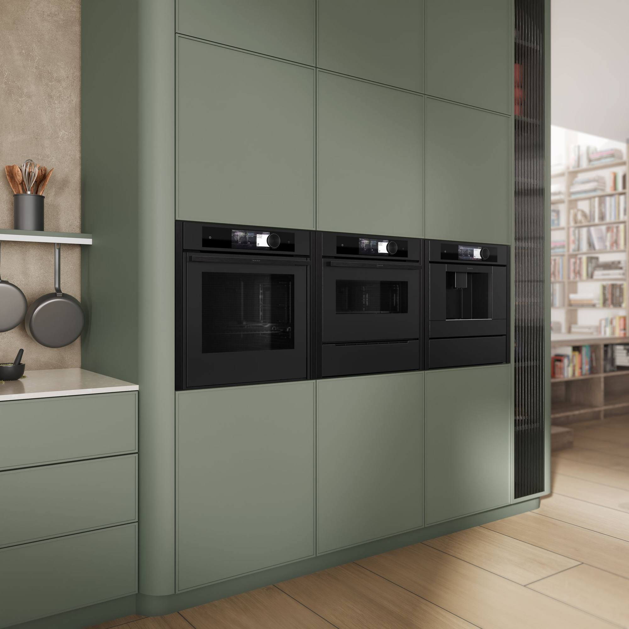 Neff Kaffeevollautomat und Wärmeschublade in Schwarz matt im Hochschrank